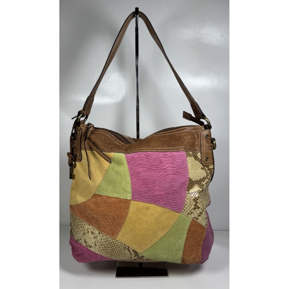 Fossil Patchwork Leather Shoulder Bag Boho Satchel Quilted Hippie